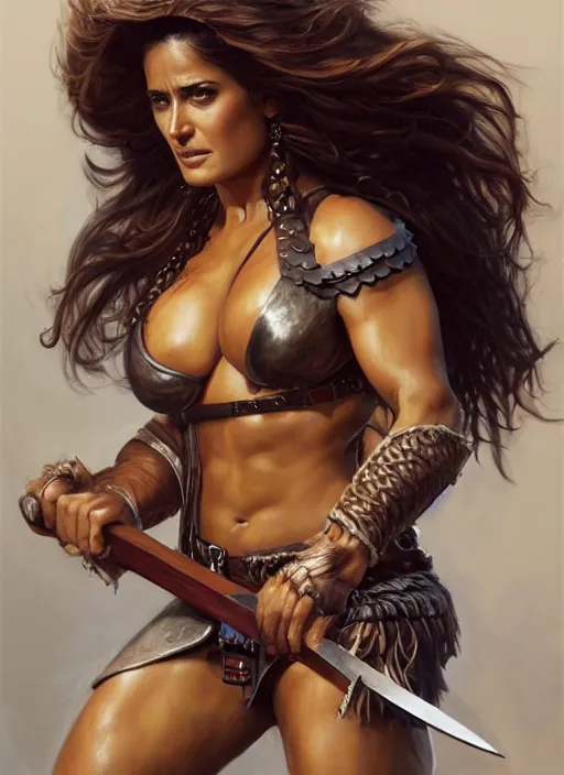 Image similar to portrait of very muscled Salma Hayek as barbarian with axe drawn hiding from a few scary creepy mummies, elegant, highly detailed, centered, digital painting, artstation, concept art, artgerm, donato giancola, Joseph Christian Leyendecker, WLOP, Boris Vallejo, Artgerm