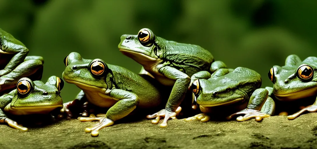 Prompt: frogs as the main characters in the 2 0 0 1 lord of the rings, cinematic still, action shot, 8 k hdr