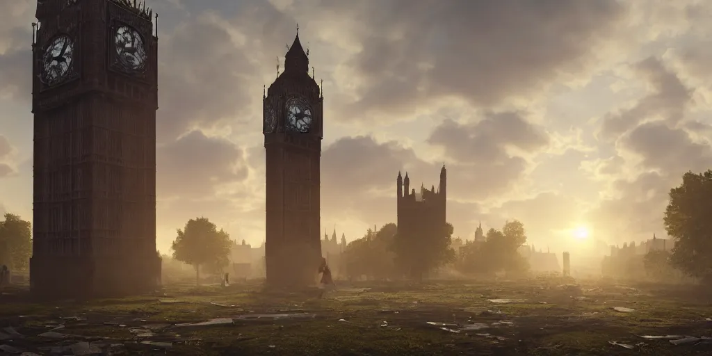 Image similar to a destroyed clock tower in a destroyed London at sunrise, ruins, clouds in the sky, concept art, octane render, unreal engine 5, trending on Artstation, high quality, 8K, soft lighting, highly detailed, trending on DeviantArt, mossy, apocaliptic, serene landscape, beautiful, cgsociety, godrays, path traced