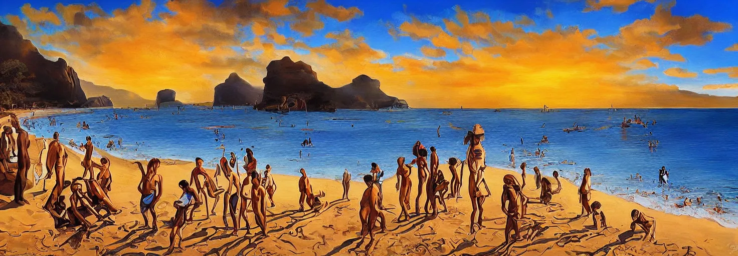 Image similar to People in beach by Salvador Dali and Bob Ross collaboration, mural, sun set, digital art, high details