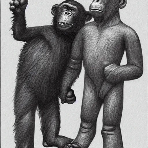 Image similar to pencil art, portait, highly detailed, epic, astronaut chimpanzee holding hands with a friendly human astronaut.