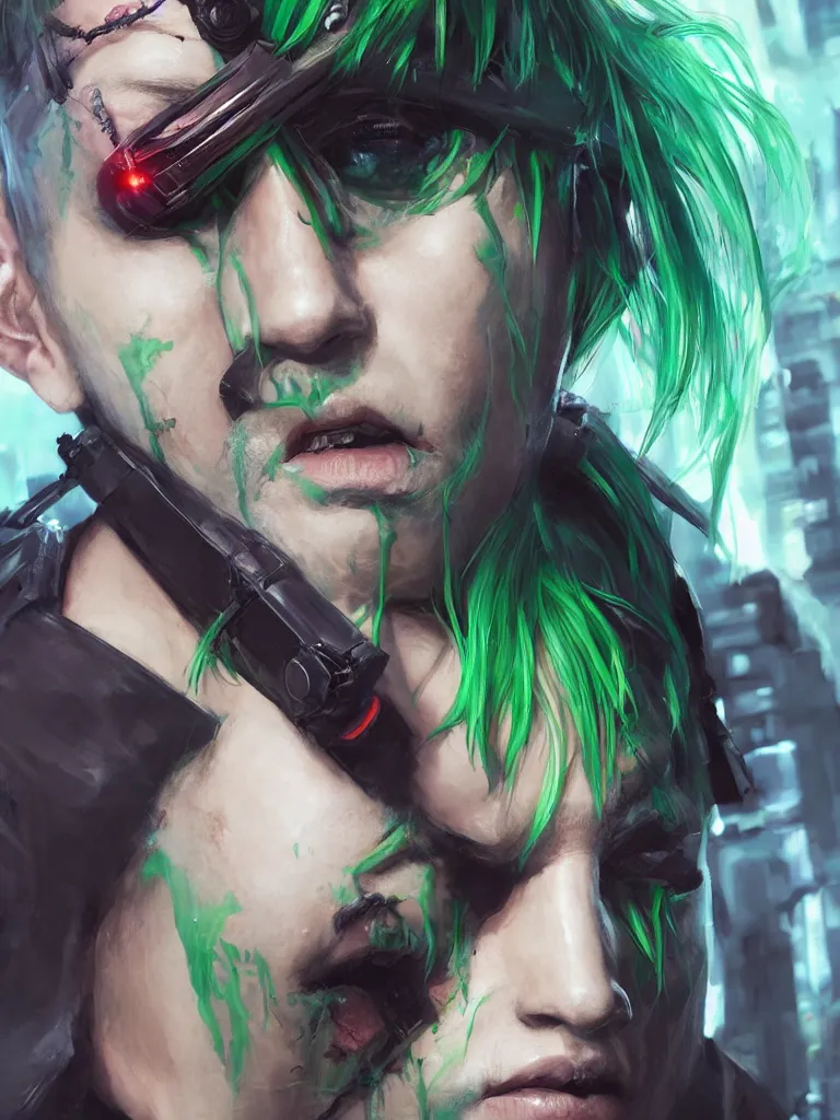 Image similar to a portrait of a boy with green hair and two devil horns and an eye patch, cyberpunk style, digital painting, concept art, smooth, sharp focus, hyperrealistic, illustration, artstation trending, octane render, unreal engine, ambient light, dynamic lighting, magical, dark vibes, Cyberpunk 2077