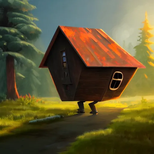Image similar to a walking wood and metal house with two legs and one big eye, smoky chimney, rust, hyperrealistic, highly detailed, cinematic, single ray of sun, morning, pareidolia, dynamic composition, gravity falls style, disney, ghibli, beautiful, pine trees in the background, cgssociety, artstation, 8 k, oil painting, digital art