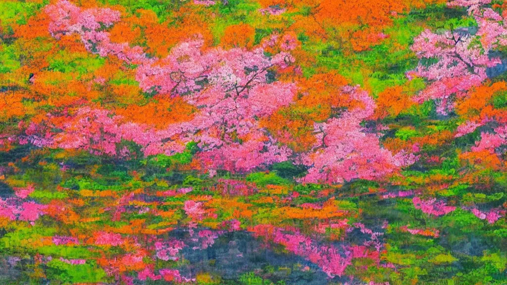 Image similar to an artwork of a landscape of a sakura forest, multicolored