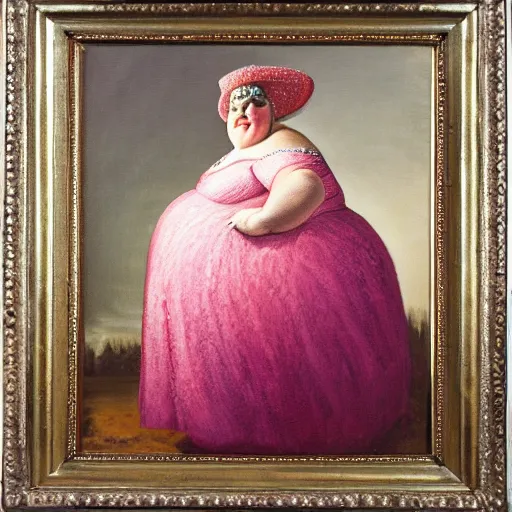 Image similar to Oil painting of a fat woman posing in a diamond dress and extravagant hat