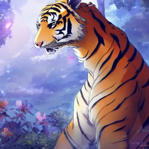 Image similar to a tiger wearing a dress, illustration concept art anime key visual trending pixiv fanbox by wlop and greg rutkowski and makoto shinkai and studio ghibli and kyoto animation symmetrical facial features