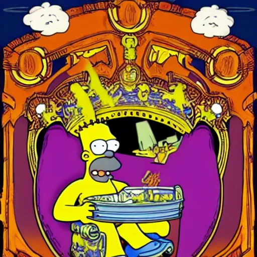 Prompt: mighty homer simpson the baron of house harkonnen floating above his throne detailed