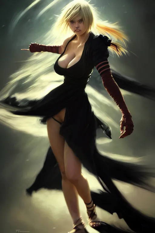 Prompt: Tekken 4 fighter anime Stunning Portrait Kate Upton fighting with long black dress by Greg Rutkowski, blonde long hair, in a fighting stance, A man attacks super speed, digital painting, artstation, concept art, soft light, hdri, smooth, sharp focus, illustration, art by tian zi, craig mullins, Mark Arian, WLOP, alphonse mucha