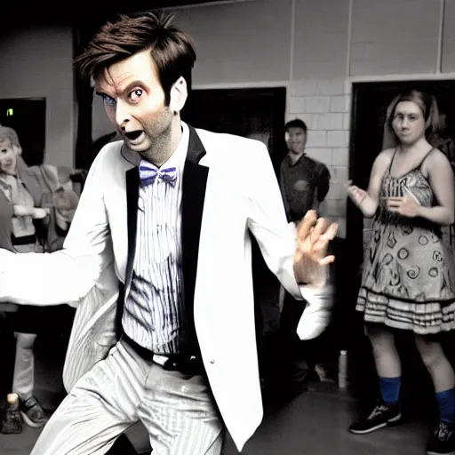 Image similar to closeup promotional image of an David Tennant as (Tenth Doctor Who) at a polka dance-off contest at the YMCA basketball gym, around the gym everyone is cheering, in the background the Tardis door is wide open to the interior, frenetic, quirky, movie still, promotional image, imax, digital art, hyper detailed, sharp focus, f8