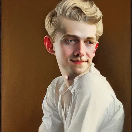 Prompt: beautiful portrait painting of the androgynous pale blond prince Lucius with long curly blond hair, delicate young man wearing a soft white poet shirt smiling sleepily at the viewer, curtain bangs Center parted fringe over his eyebrows, in love by J.C Leyendecker and Norman Rockwell