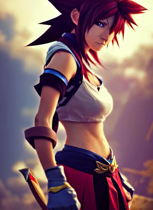 Image similar to female cosplayer wearing cosplay of sora from kingdom hearts. woman's face. art by greg rutkowski, art by pascal blanche. crisp quality. digital photography. trending in deviantart.