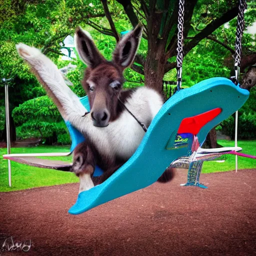 Image similar to sci fi animorphic donkey on a playground swing