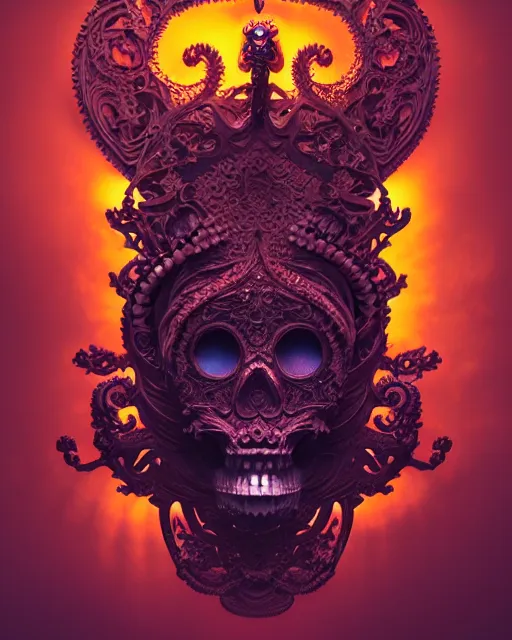 Image similar to 3 d ornate carved alice with profile portrait, sigma 5 0 0 mm f / 5. beautiful intricate highly detailed quetzalcoatl skull. bioluminescent, plasma, lava, ice, water, wind, creature, thunderstorm! artwork by tooth wu and wlop and beeple and greg rutkowski, 8 k trending on artstation