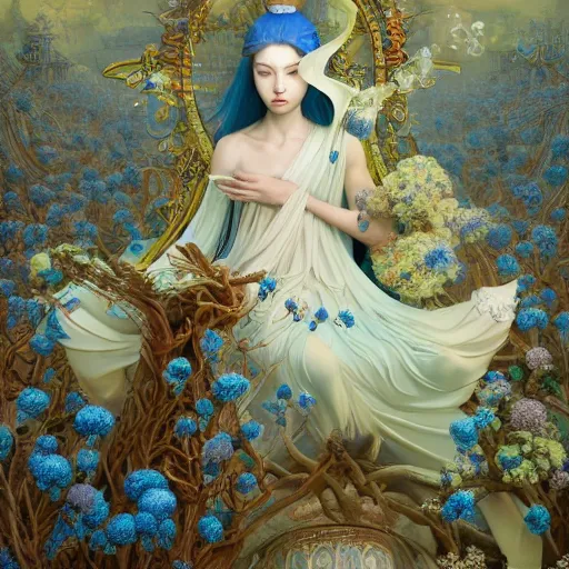 Image similar to breathtaking detailed concept art painting of the goddess of nemophila flowers, orthodox saint, with anxious, piercing eyes, ornate background, amalgamation of leaves and flowers, by Hsiao-Ron Cheng, James jean, Miho Hirano, Hayao Miyazaki, extremely moody lighting, 8K