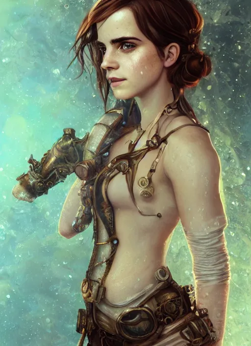 Image similar to underwater steampunk portrait of emma watson, au naturel, hyper detailed, digital art, trending in artstation, cinematic lighting, studio quality, smooth render, unreal engine 5 rendered, octane rendered, art style by klimt and nixeu and ian sprigger and wlop and krenz cushart.