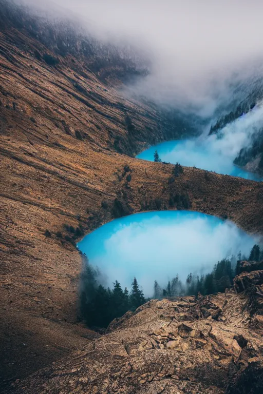 Prompt: wide angle cinematic photo of a mountains landscape with a blue lake on a big mist, ultra detailed matte painting