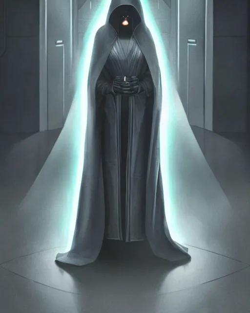 Image similar to half body shot, beautiful woman dark lord of the sith wearing a hooded jedi cloak, standing in deathstar hallway, rim light, volumetric lighting, digital painting, artstation, concept art, smooth, sharp focus, illustration, art by arney freytag, glamour pose, greg rutkowski, soft ambient lighting, particle effects
