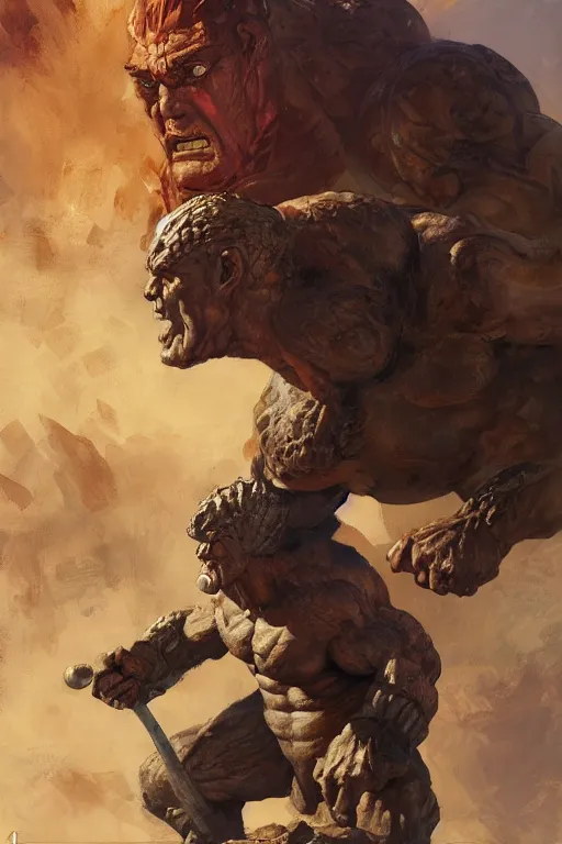 Prompt: giant bodybuilding warrior king on venus by ruan jia, jack kirby, norman rockwell, wayne barlow, sergey krasovskiy, zdzislaw beksinski, artstation creature