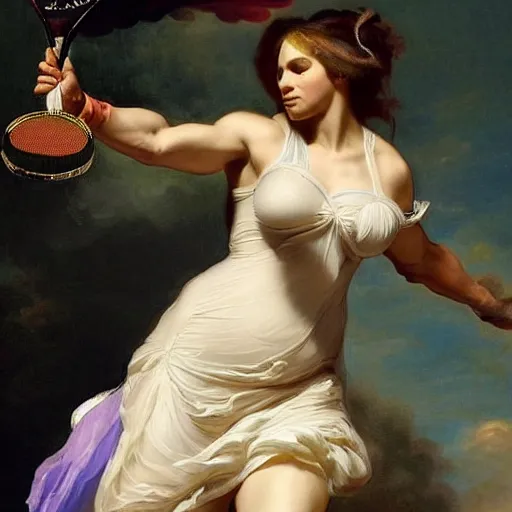Image similar to Serena Williams flying with a racket as Nike Goddess portrait, wings, luxuriant, dreamy, eternity, romantic, strong pose, highly detailed,in the style of Franz Xaver Winterhalter, highly detailed,in the style of Aetherpunk