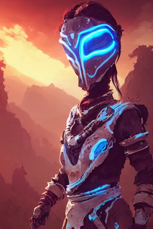 Image similar to combination suit armor aloy horizon forbidden west horizon zero dawn radiating a glowing aura global illumination ray tracing hdr fanart arstation by ian pesty and alena aenami artworks in 4 k tribal robot ninja mask helmet backpack