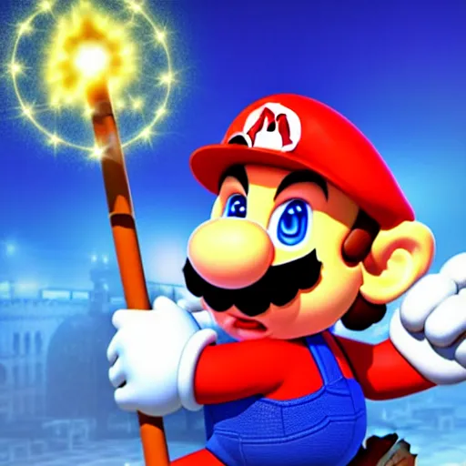 Image similar to super mario as a wizard holding a magical glowing staff, highly detailed, extremely high quality, hd, 4 k, 8 k, professional photographer, 4 0 mp, lifelike, top - rated, award winning, realistic, detailed lighting, detailed shadows, sharp, no blur, edited, corrected, trending