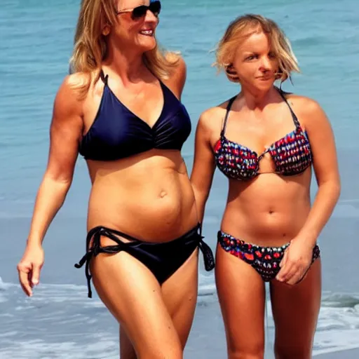 Prompt: photo of a 4 0 year old man that looks young for his age dating a very attractive mother, she has blondish hair, she is wearing a bikini.
