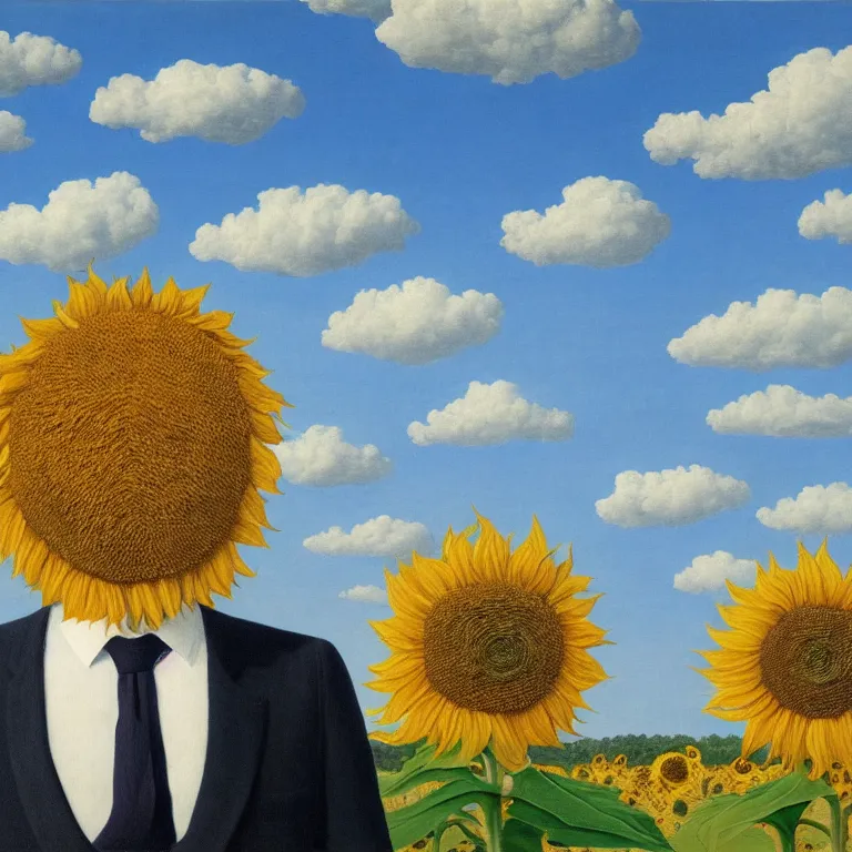 Image similar to portrait of a faceless sunflower - head man in a suit, clouds in the background, by rene magritte, detailed painting, distance, centered, hd, hq, high resolution, high detail, 4 k, 8 k