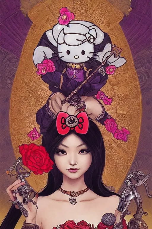 Image similar to Death tarot card design portraying Hello Kitty in ancient Java style, D&D, MtG art,fantasy, intricate, elegant, highly detailed, digital painting, artstation, concept art, smooth, sharp focus, hyperrealistic,illustration, art by artgerm and greg rutkowski and alphonse mucha