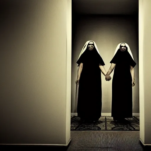 Prompt: nightmare vision, black and white, award winning photo, levitating twin nuns, wearing translucent sheet, Mary in a sanctuary, mirror hallways, eerie, frightening, holding hands, smiling —width 1024 —height 1024