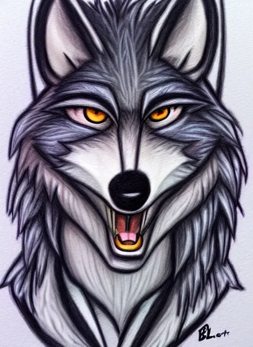 Image similar to expressive stylized master furry artist digital colored pencil painting full body portrait character study of the wolf ( sergal ) small head big eyes toon fursona animal person wearing clothes jacket and jeans by master furry artist blotch