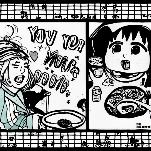 Image similar to your mama is so fat she has her own gravity, comic strip style, pen and ink, anime, ghibli style