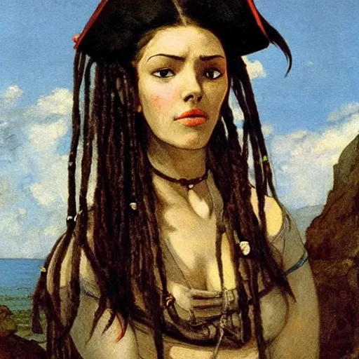 Image similar to a female pirate from avatar, painting by courbet