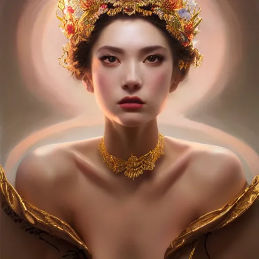Prompt: expressive oil painting, of alluring european princess, seductive look, sharp focus, smooth glowing skin, glistening body, love, adoration, ornate headpiece made from flowers, glamour shot, by yoshitaka amano, by greg rutkowski, by jeremyg lipkinng, by artgerm, digital art, octane render, white robe, tattoo