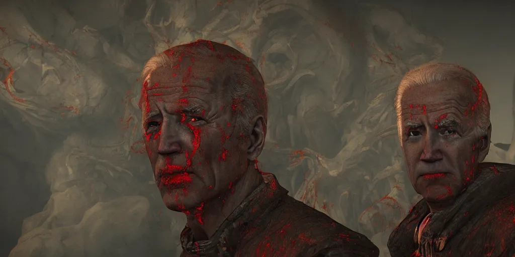 Prompt: biden in dante's inferno painting, dark beauty, rotten gold, perfect faces, extremely detailed, cinema 4 d, unreal engine.