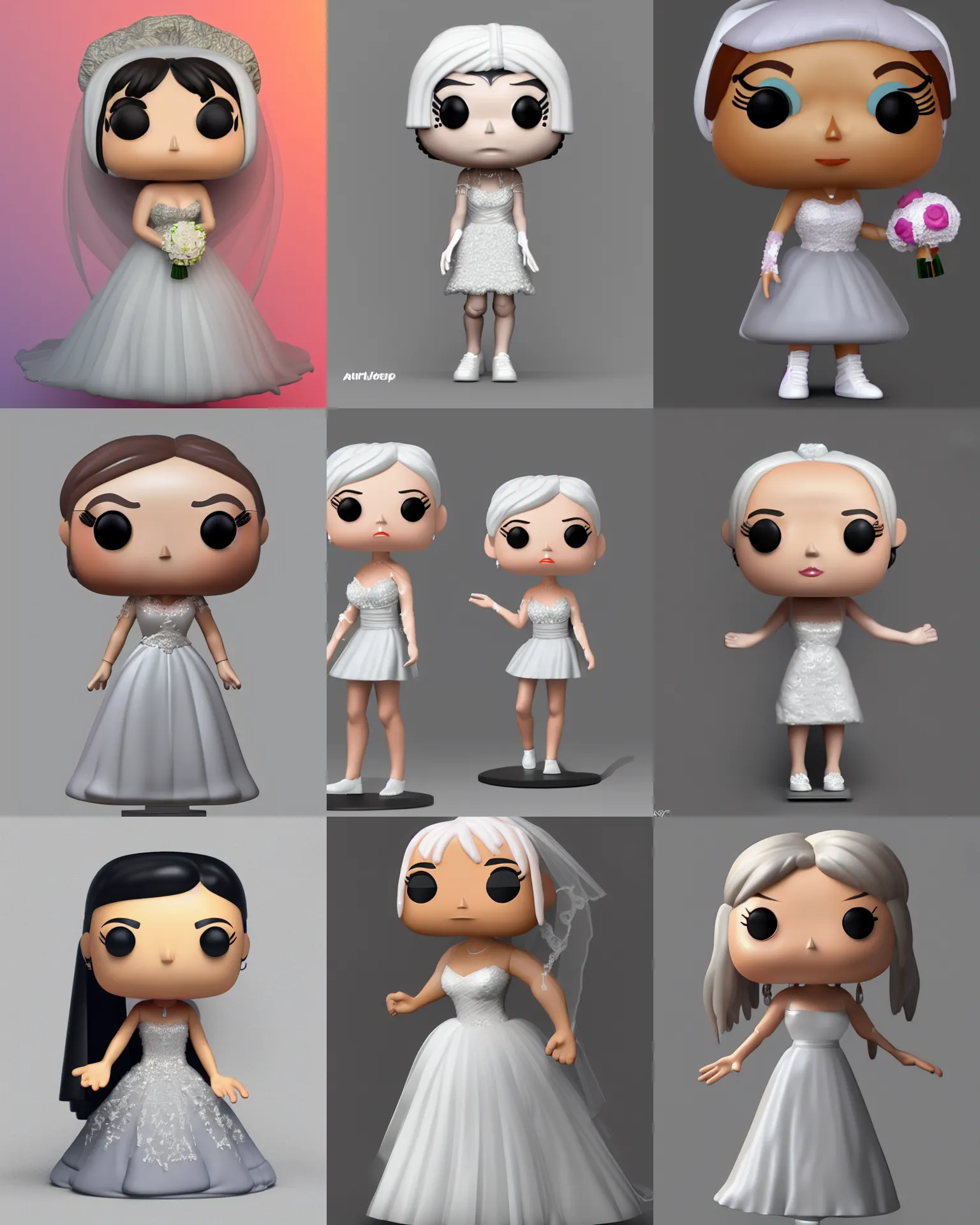 Prompt: full body 3 d render of a bride as a funko pop!, studio lighting, grey background, single body, no shadow, blender, trending on artstation, 8 k, highly detailed