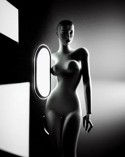 Image similar to black and white high quality photo of a female AI-queen-dragon-meshes-cyborg looking into a sci-fi mirror, volumetric lighting, brutalism, foggy, dreamy, hyperdetailed, bokeh, photorealistic, cinematic, masterpiece, elegant, dark, by Man Ray in the style of Horst P. Horst, octane render, 8K,