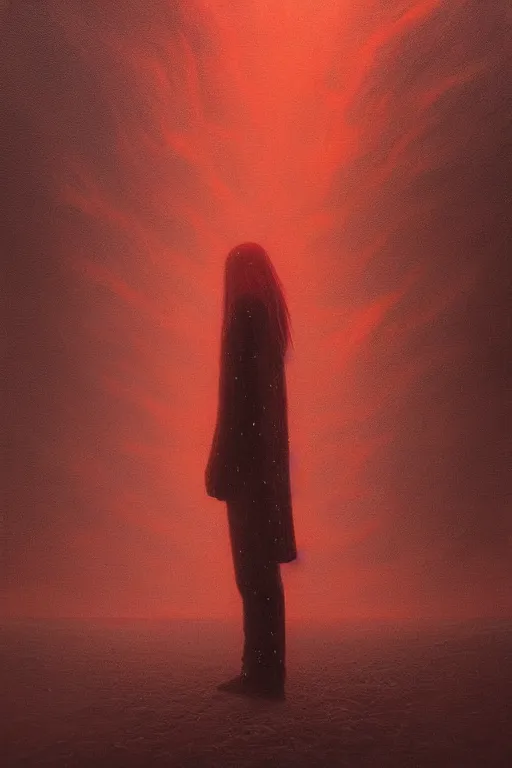 Prompt: a painting of a person standing in the snow, blizzard, a surrealist painting by zdzisław beksinski and by alena aenami, deviantart, nuclear art, dystopian art, apocalypse landscape, red color scheme, surrealist