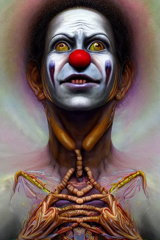 Prompt: cinematic portrait of a clown. Centered, uncut, unzoom, symmetry. charachter illustration. Dmt entity manifestation. Surreal render, ultra realistic, zenith view. Made by hakan hisim feat cameron gray and alex grey. Polished. Inspired by patricio clarey, heidi taillefer scifi painter glenn brown. Slightly Decorated with Sacred geometry and fractals. Extremely ornated. artstation, cgsociety, unreal engine, ray tracing, detailed illustration, hd, 4k, digital art, overdetailed art. Intricate omnious visionary concept art, shamanic arts ayahuasca trip illustration. Extremely psychedelic. Dslr, tiltshift, dof. 64megapixel. complementing colors. Remixed by lyzergium.art feat binx.ly and machine.delusions. zerg aesthetics. Trending on artstation, deviantart