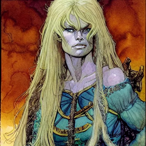 Image similar to a realistic and atmospheric watercolour fantasy character concept art portrait of brigitte bardot as a druidic warrior wizard looking at the camera with an intelligent gaze by rebecca guay, michael kaluta, charles vess and jean moebius giraud