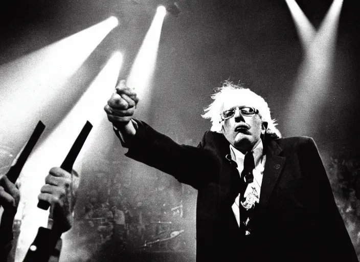 Image similar to publicity photo still of bernie sanders in motley crue live on stage 1 9 8 8, 8 k, live concert lighting, mid shot