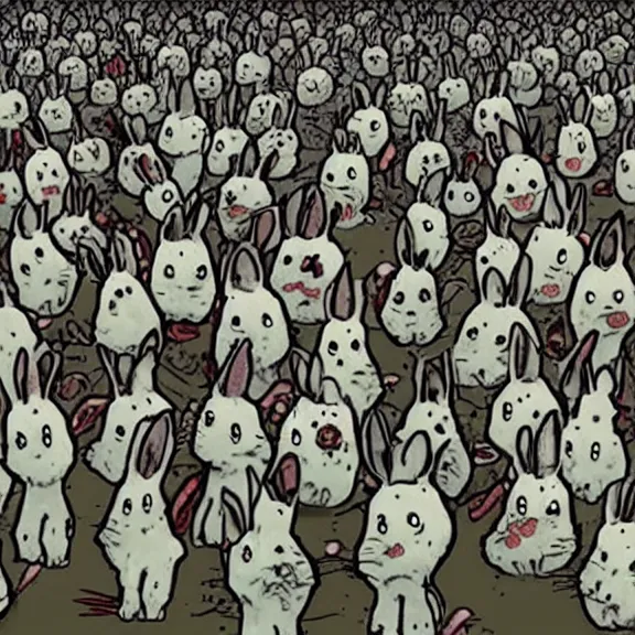 Prompt: an army of zombie rabbits