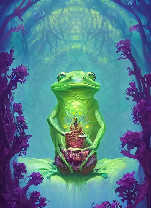 Prompt: the frog priestess of keltic druid folklore. flower fractals in the background. a matte symmetrical award winning fairytale book illustration. a digital painting by rhads, anato finnstark and rebecca guay