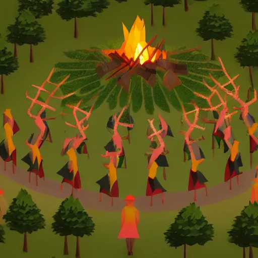 Prompt: low poly forest with a cult performing a ritual with a bonfire where a goat flies