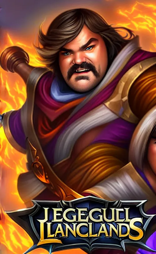 Image similar to Jack Black as a character in the game League of Legends, with a background based on the game League of Legends, detailed face, old 3d graphics