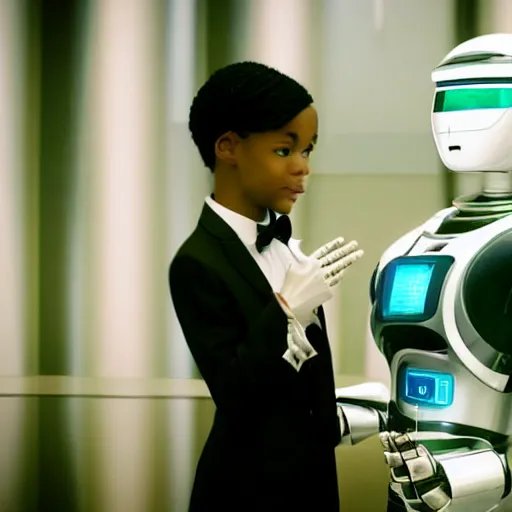 Image similar to Movie still of 'Future World 2050' (1990). Robot Butler serving rich people. Sigma 85mm f/1.4