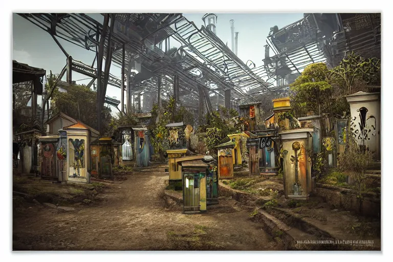 Prompt: elegance futuristic favela graveyard honeybee hive, art nouveau environment, industrial factory, award winning art, epic dreamlike fantasy landscape, ultra realistic,