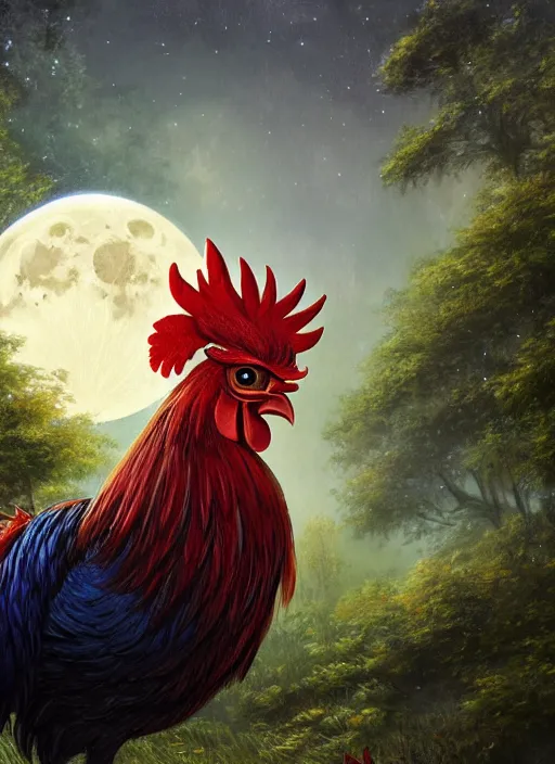 Prompt: close - up portrait of a beautiful anime rooster in front of the full big moon in a fantasy forest, by james gurney, max liebermann, greg rutkowski, highly detailed digital art, artstation