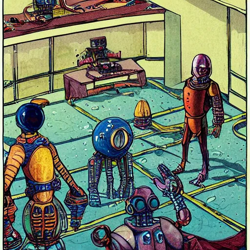 Image similar to medieval extraterrestrial villagers pointing to broken non - functioning robot sitting on floor in corner of room, colorful, dramatic lighting, illustration, fantastic planet, ron cobb, mike mignogna, jim henson creature shop, science fiction, detailed painting, high detail, coherent, rough paper