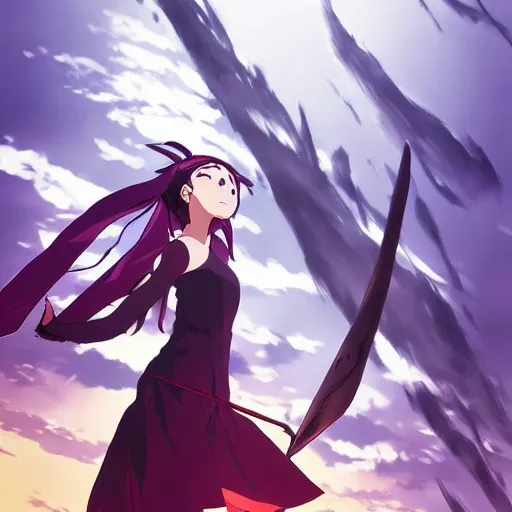 A girl flying on a broomstick through a rainy sky, anime graphic novel style