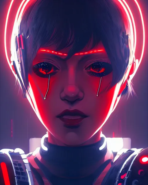 Image similar to a comic potrait of a cyberpunk cyborg girl with black and red parts, fine - face, realistic shaded perfect face, fine details. night setting. very anime style. realistic shaded lighting poster by ilya kuvshinov katsuhiro, unreal engine, global illumination, radiant light, detailed and intricate environment